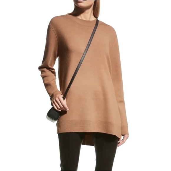 Theory Sweater Wool Blend Tunic High Low Tan Brown Women’s Size S Tight Knit - Picture 2 of 16